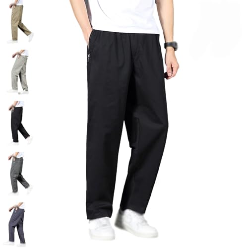 Puliam Mens Stretch Pants, Flex Fit Zipper-Pocket Durable Pants Relaxed Fit Trousers with Zipper Pockets