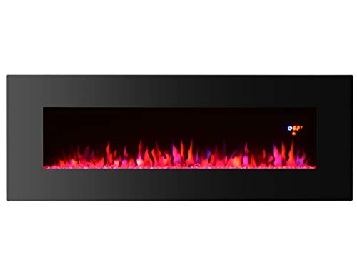 3GPlus 50 Inches Electric Fireplace Wall Mounted Heater Crystal Stone Fuel Effect 3 Changeable Flame Colors Fireplace with Remote, 1500W - Black