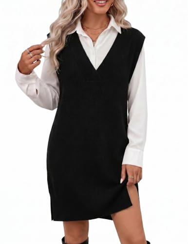 Zeagoo Womens Sweater Vest Dress Oversized Knitted Sleeveless Pullovers Sweaters V Neck Tank Sweater Dress Fall Winter Black Medium