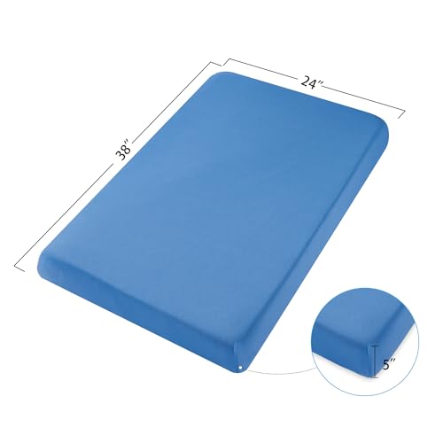 TILLYOU Mini Crib Sheets Fitted 2 Pack, Pack and Play Sheets for Toddler Mattress, Soft and Breathable 38”x 24” Pack n Play Mattresses Cover, Animal Geometry & Blue