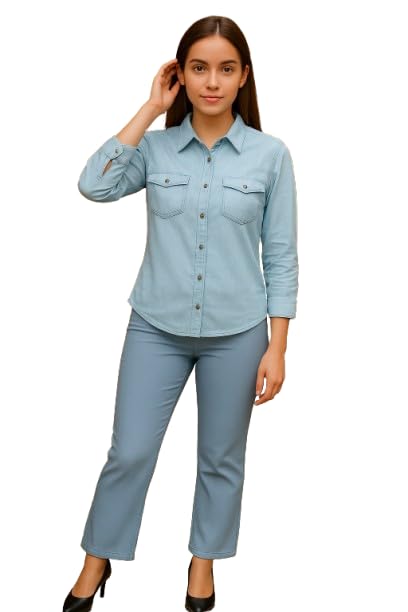 Wingzss Classic Light Blue Denim Button-Down Shirt, Long Sleeve, Casual Style, Front Pockets-picture-11