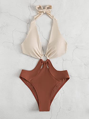 Wdirara Women's Colorblock Cut Out Halter One Piece Swimsuit O Ring High Cut Monokini Beige And Brown L #TOP1