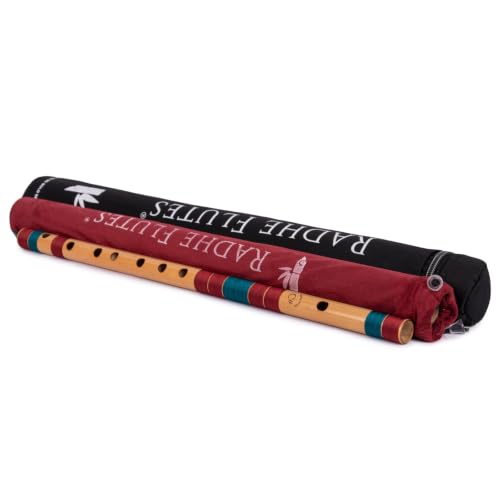 Image of Radhe Flutes Bamboo Bansuri C Sharp Right Handed Middle Octave (18 inch) With Hard Cover (Beige Flute With Maroon & Dark Green Threads)
