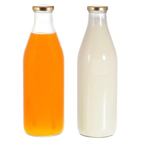 Image of Pure Source India Reusable Leak-Proof 1Litre Glass Bottle with Gold Metal Lid for Beverage & Milk Storage Bottles (Set of 10)