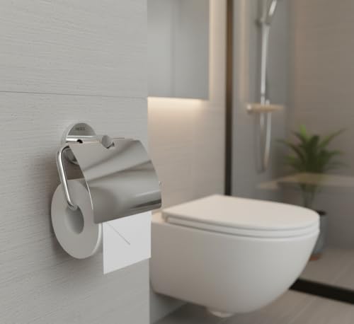 Image of Force Toilet Paper Roll Holder with Round Chrome Finish - Wall Mounted Stainless Steel 304 with Brass Base - Bathroom Tissue Roll Holder with Built-in Shelf - Rustproof, Durable & Elegant Design