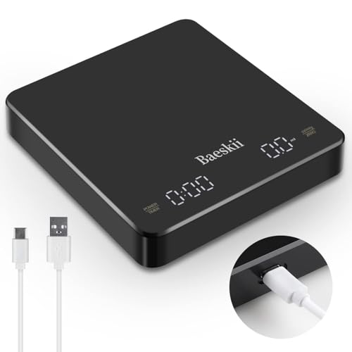 Baeskii Digital Coffee Scale with Timer Rechargeable Drip Espresso Scale 3kg/0.1g High Precision Kitchen Scale with 3 Units Tare Auto Off g/oz/ml Black