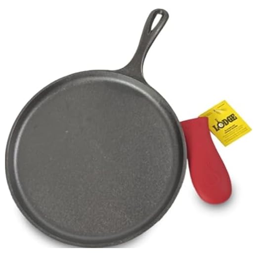 Lodge Round Seasoned Cast Iron Griddle with Red Silicone Handle Holder - Heavy Duty Flat Cooking Pan for Breakfast Favorites & Everyday Cooking - 10.5 Inches