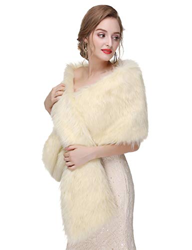 Aimimier Bridal Faux Fur Wrap Wedding Fur Stole with Brooch Evening Party Warm Shrug Cape (Light champagne)4