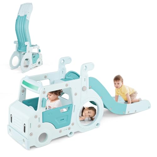 COSTWAY 3 en 1 Toboggan Enfant Pliable en Forme Bus avec Volant Simulé & Levier de Commande, Aire de Jeux Intérieur avec Tunnel Rampant & Zone Tampon, Charge...