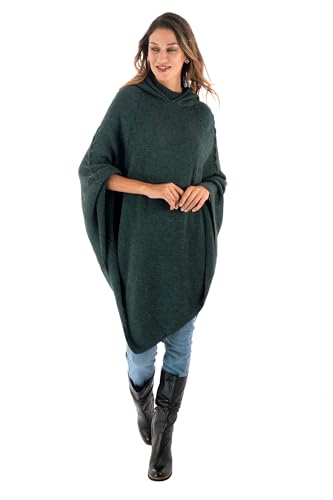 NOVICA Artisan Handmade Alpaca Blend Hooded Poncho Knit in Moss from Peru Wool Clothing Green Solid ' Adventurous Style in Moss'