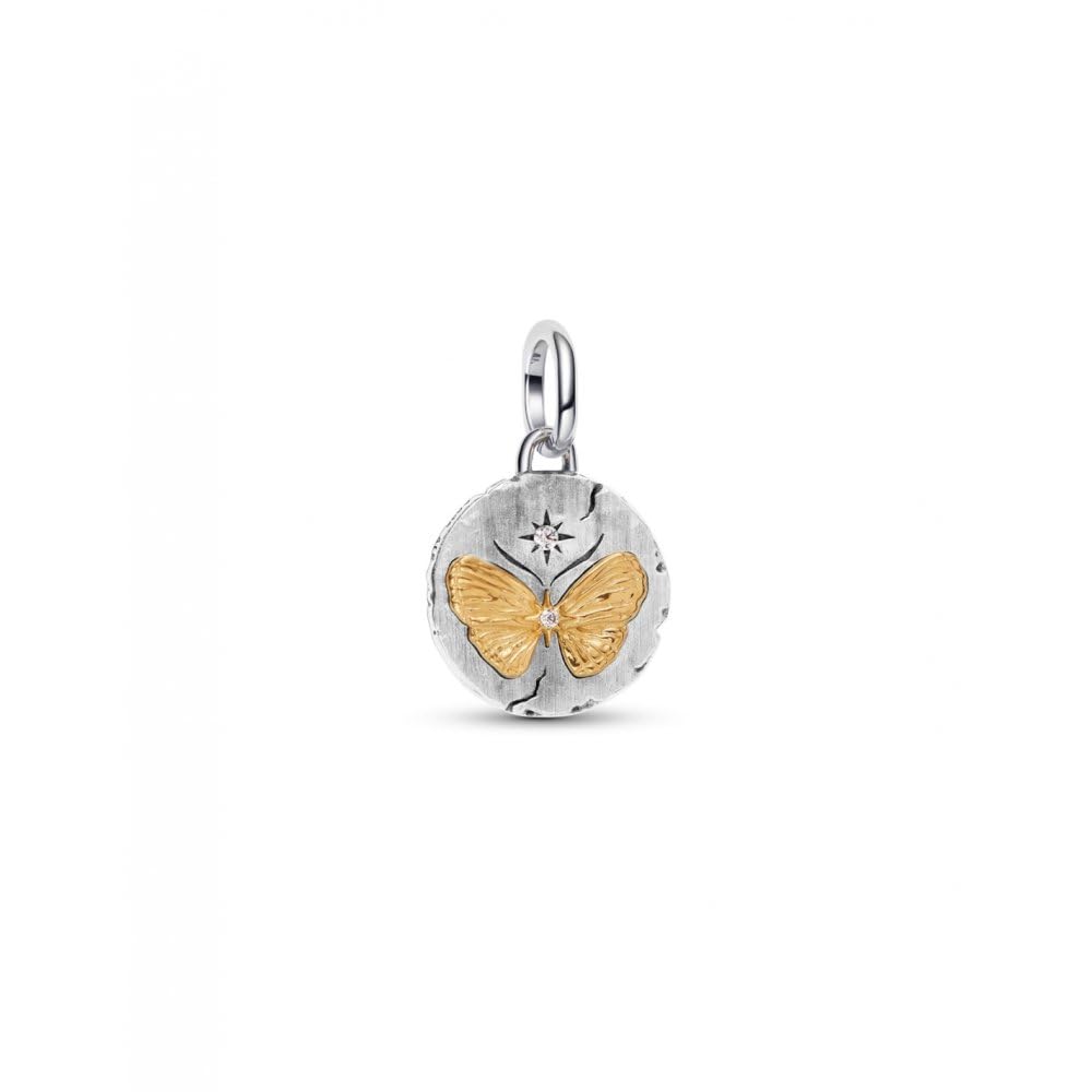 PANDORA Schmetterling Medaillon Charm Bicolor, Sterling-Silber, 14 Karat vergoldet, Zirkonia