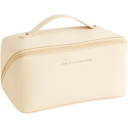 Necessaire Feminina Maquiagem Grande Cosméticos Viagem Estojo Bolsa Organizadora Higiene Pessoal Couro Sintético Luxo Elegância Batom Shampoo Maquiagens Cremes (Bege)