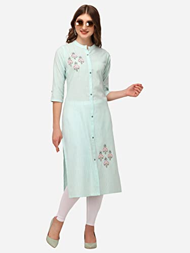 Image of PRETTIFY Women Embroidered Cotton Straight Kurta (Lightgreen)