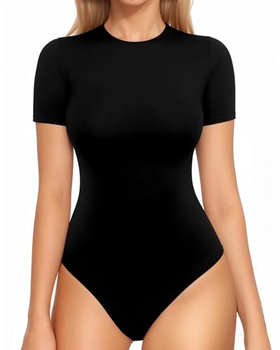 MANGOPOP Women Crew Neck Short Sleeve Bodysuit Double Lined Thong Body Suits Shirts Basic Top