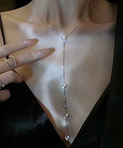 Wekicici Long Rhinestone Necklace Y Teardrop Necklace Sparkly Crystal Tassel Pendant Long Chain Silver Necklace for Women3