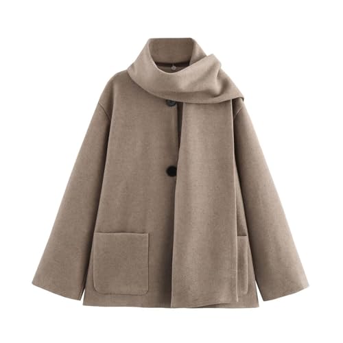 Image of Women Oversized Scarf Jacket Wool Blend Long Sleeve Button Down Coat with Pockets Winter Warm Shawl Fashion Peacoat S-L