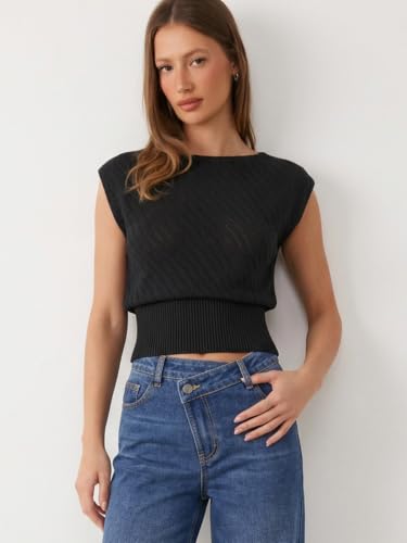 Image of CIDER Summer Short Sleeve Crop Sweater Vest Women Boat Neck Cut Out Tops | Cinched Waist, Light Weight, Ribbed Knit Tops, Hollow Out Crochet Vest, Going Out Trendy Tee