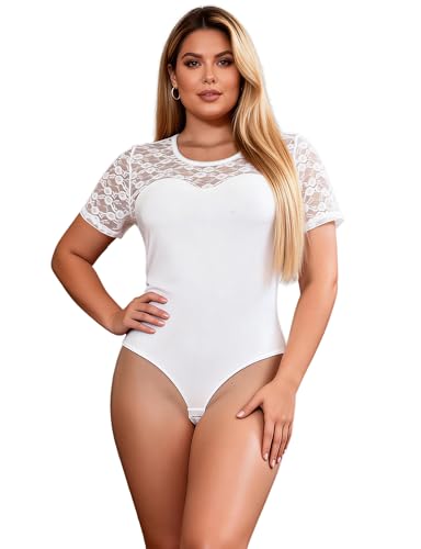 comeondear Body Mujer Vestir Manga Corta Bodysuit Encaje Bodycon Talla Grande Sexy Bodis Fiesta Elegante Elástico Lingerie Leotardo Tops Ropa Interior Transparente Lencería Jumpsuit Blanco,L
