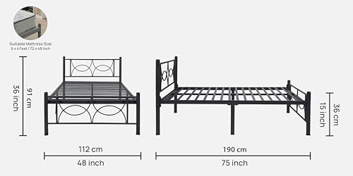 Image of Luno Metal Single Size Bed Without Storage | Wrought Iron Cot with Headboard & Footboard| Sturdy Powder Coated Platform Bed Single Size Cot for Bedroom, Living Room, (Luno Black)