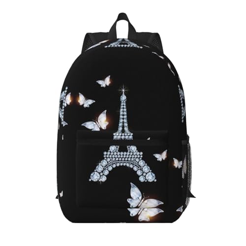 Sac à dos d'école léger Tour Eiffel noir unisexe pour collégiens et lycéens