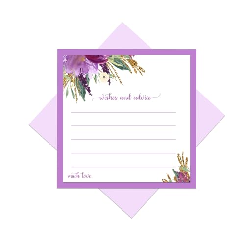 Purple Floral Advice Cards (25 Pack) Fun Bridal Shower Activity - Best Wishes for New Parents - Unique Advice Alternative for Graduations, Birthdays & Time Capsules - 4x4 Cards