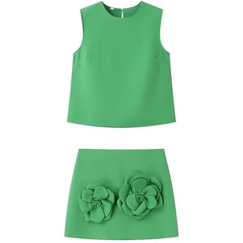 THLAI Summer Women 2 Piece Skirt Sets Sleeveless Crop Tank Top and Mini Skirt Matching with 3D Flower Sexy Short Sets