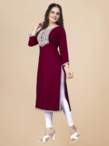 Image of Women Rayon Embroidered Kurti Three Quarter Sleeve Kurta for Women and Girls Embroidery Work Soft Rayon Fabric Comfortable