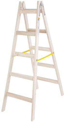 STREND PRO Holzleiter 5 Stufen 1,56m | IDEAL Malerleiter Holz für Malerarbeiten, Renovierungen, Reparaturen | Klappleiter Holz mit EN131 Zertifikat | Haushaltsleiter einschließlich Metallhaken