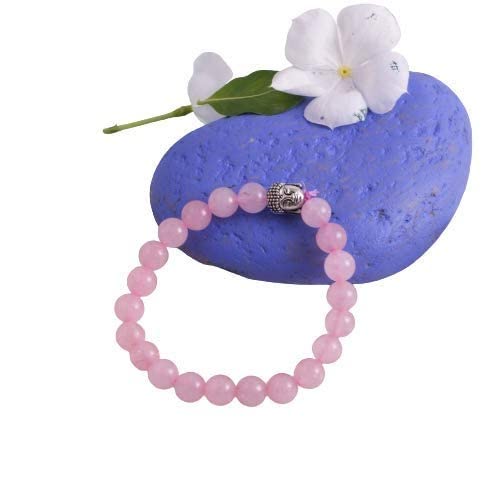 Aanya GemsQuality Natural Rose Quartz Crystal Gemstone Beads 8MM With Buddha Head Silver Bracelet for Men and Women with Lab Certificate