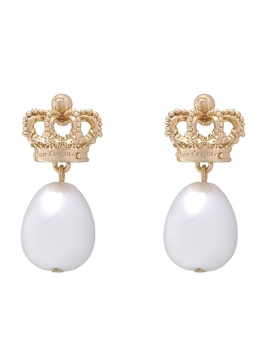 Juicy Couture Heritage Crown & Pearl Drop Earrings for Women (Gold/Pearl)