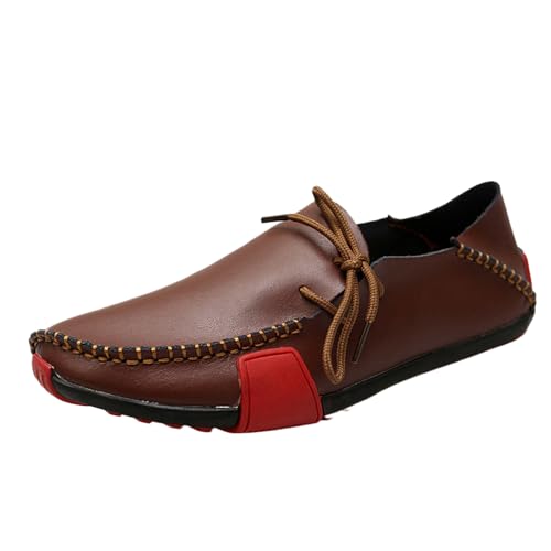 Men's Leather Flat Casual Driving Loafers with Side Laces Comfort Classic Round Toe Non-Slip Business Moccasin Walking Boat Shoes for Work Outdoor