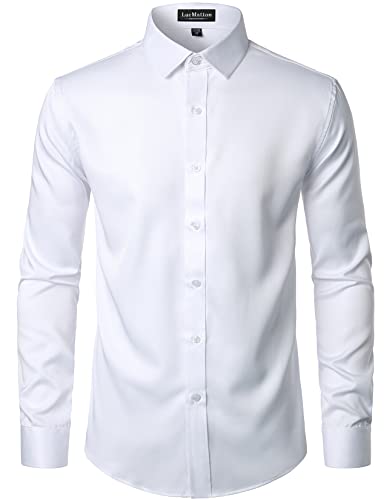 Lucmatton Men's Stylish Stretch Wrinkle-Free Dress Shirt Formal Long Sleeve Slim Fit Button Down Shirts For Wedding Party White Solid X-Large #TOP2