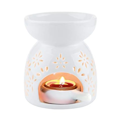 ComSaf Wax Melt Essential Oil Burner White - Flower Pattern, Ceramic Aroma Burners Assorted Wax Warmer Aromatherapy Tarts Holder Candle Scented Diffuser Home Bedroom Decor Christmas Housewarming Gift Cover