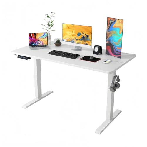 JORERAORMES電動昇降デスク幅120×奥行60cm高さ70.5-113cm調整昇降式ゲーミングデスクUSBポート付き静音設計収納フックホワイト在宅ワークオフィス組み立て簡単 (白いパネル+白いフレーム,1200*600*15mm)