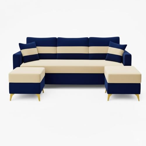 Image of SOCOZI Engima 5 Seater L Shape Sofa Set with 2 Movable Ottomans | Flexible Layout| Soft Velvet Suede Fabric|Modern Sofa | Plush Comfort Cushions for Living Room (Dark Blue-Cream)
