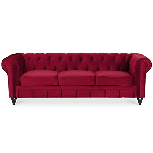 INTENSE DECO Altesse - Canape Chesterfield Velours 3 Places Rouge