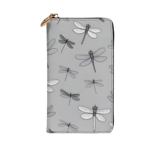 Dragonflies Grey Prints Leather Long Clutch Wallet for Fashionable Girls and Women - Durable, Stylish, and Functional, Black, One Size2