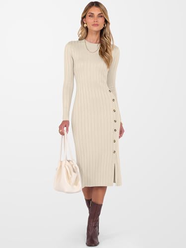 ANRABESS Womens 2025 Fall Long Sleeve Midi Dress Ribbed Knit Bodycon Fitted Button Down Wedding Guest Slit Sweater Dresses