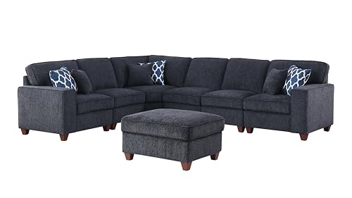 Image of Ball & Cast 116 inch L-Shaped Sectional Couch with Movable Ottoman & 6 Throw Pillow,7 Seat Chenille Upholstered Sectional Sofa W /Wide Armrest,DIY Combination,Comfy Sectionals Set for Living Room,Dark Gray