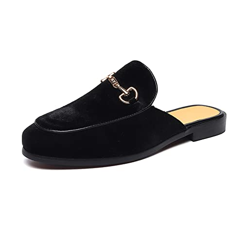 FLQL Mens Shoes Luxury Velvet Gold Buckle Slip-on Penny Loafers Casual Smoking Slippers Indoor Outdoor Sandals Black Size 7-13