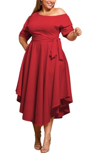 Women's Plus Size Irregularly A-line Flowy Dress Wedding Guest Semi Formal Short Sleeves Long Cocktail Dresses Red