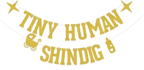 KEWUFD Tiny Human Shindig Banner Funny Wecome Baby Theme Baby Shower Decorations For Gender Reveal/Baby Shower Party Decoration Supplies Gold Glitter