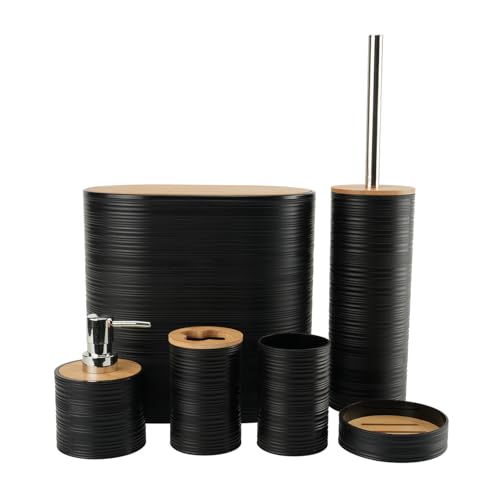 Juego de Accesorios de Baño 6 Piezas Plástico y Bambú Moderno de Artículos Esenciales para el Baño, Incluye Soporte para Cepillo de Dientes, Cubo de Basura, Escobilla y Dispensador de Jabón (Negro)
