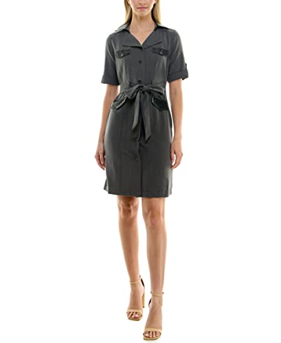 Sharagano Women's Belted Shirtdress With Short Roll Tab Sleeves, Charcoal Black, 12 #TOP28