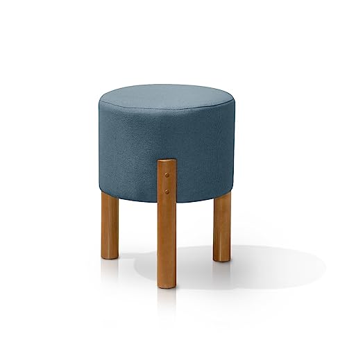 Puff Banquinho Redondo Decorativo em Linho Pés Madeira Maciça Cor Azul Petróleo - Thor – Lojas MS De