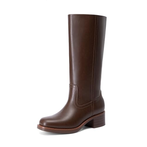 DREAM PAIRS Women's Mid Calf Riding Boots Square Toe Retro Banana Boots Chunky Block Heel Pull-On Fashion Boots