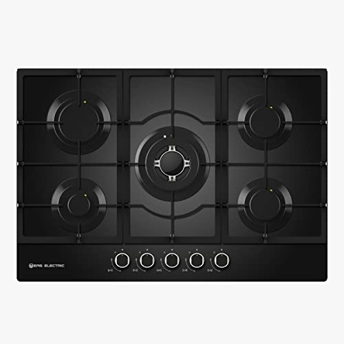 EAS ELECTRIC SMART TECHNOLOGY | EMH750CGB | Encimera de gas | Cristal negro | 75 cm | 5 fuegos | Gas butano y gas natural | Autoencendido | Fuego de triple llama | Parrillas de hierro fundido