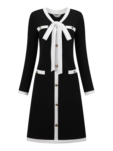 Women's Elegant A-Line Dress Contrast Color V Neck Long Sleeve 2025 Trendy Work Dresses