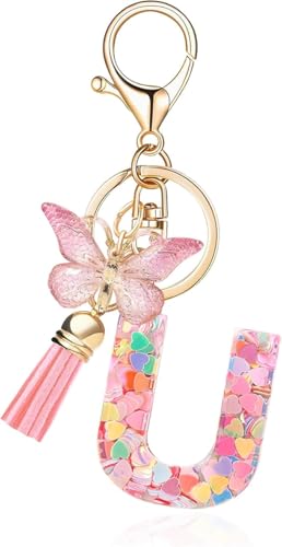 Image of GEOCARTER Lightweight Fashion Initial Letter Key Ring with Butterfly Pendant & Tassel, Stylish Purse Charm for Handbags, Car Keys, Gifts for Girls & Women