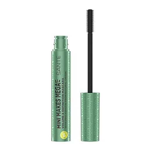 SANTE Naturkosmetik Mascara de goma flexible con cepillo para pestañas extendidas y voluminosas, con queratina profesional contra la rotura, Mini Makes Mega Mascara, 1 x 8 ml, n.º 1, color negro